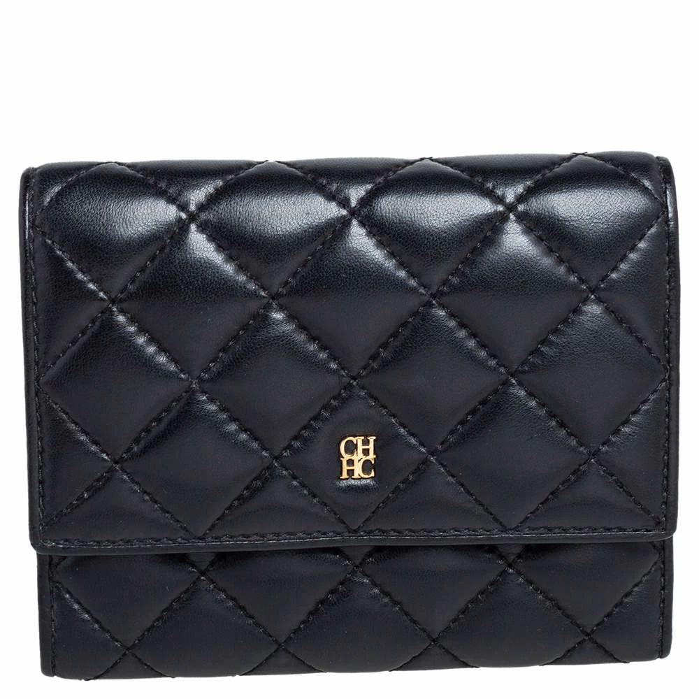 Carolina Herrera Black Quilted Leather Trifold Wallet Women