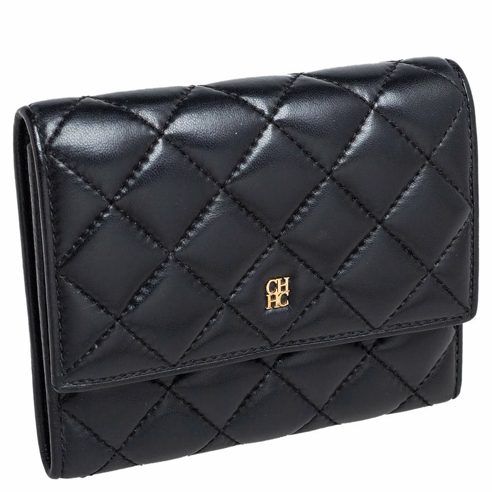 Carolina Herrera Black Quilted Leather Trifold Wallet Women