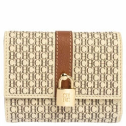 Carolina Herrera Beige/Brown Monogram Coated Canvas Flap Compact Wallet Women