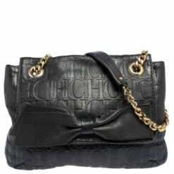 Carolina Herrera Black Embossed Leather Bow Flap Shoulder Bag Women