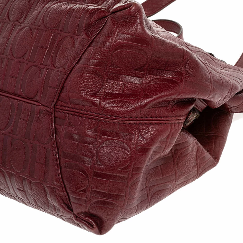 Carolina Herrera Burgundy Monogram Embossed Leather Middle Zip Satchel Women