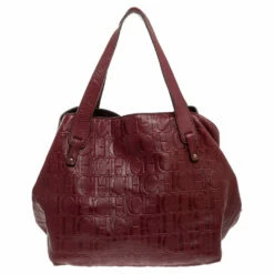 Carolina Herrera Burgundy Monogram Embossed Leather Middle Zip Satchel Women