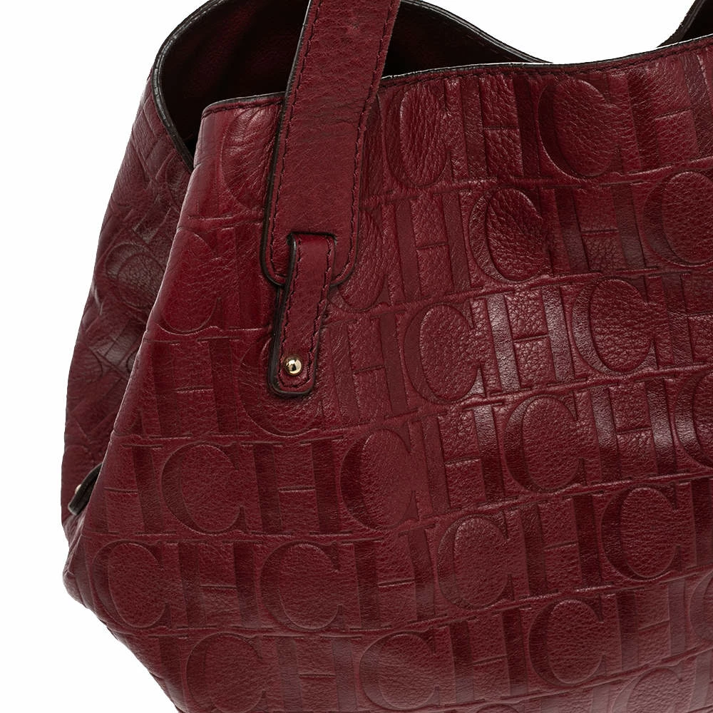 Carolina Herrera Burgundy Monogram Embossed Leather Middle Zip Satchel Women