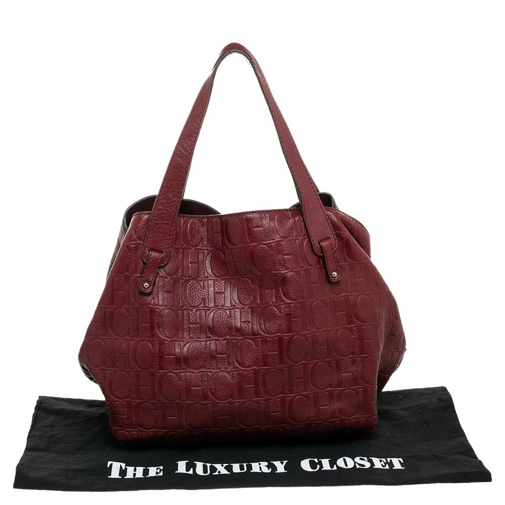 Carolina Herrera Burgundy Monogram Embossed Leather Middle Zip Satchel Women