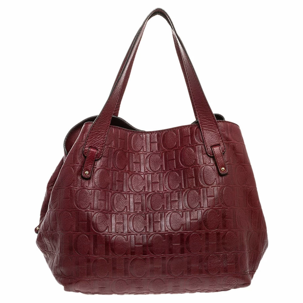 Carolina Herrera Burgundy Monogram Embossed Leather Middle Zip Satchel Women