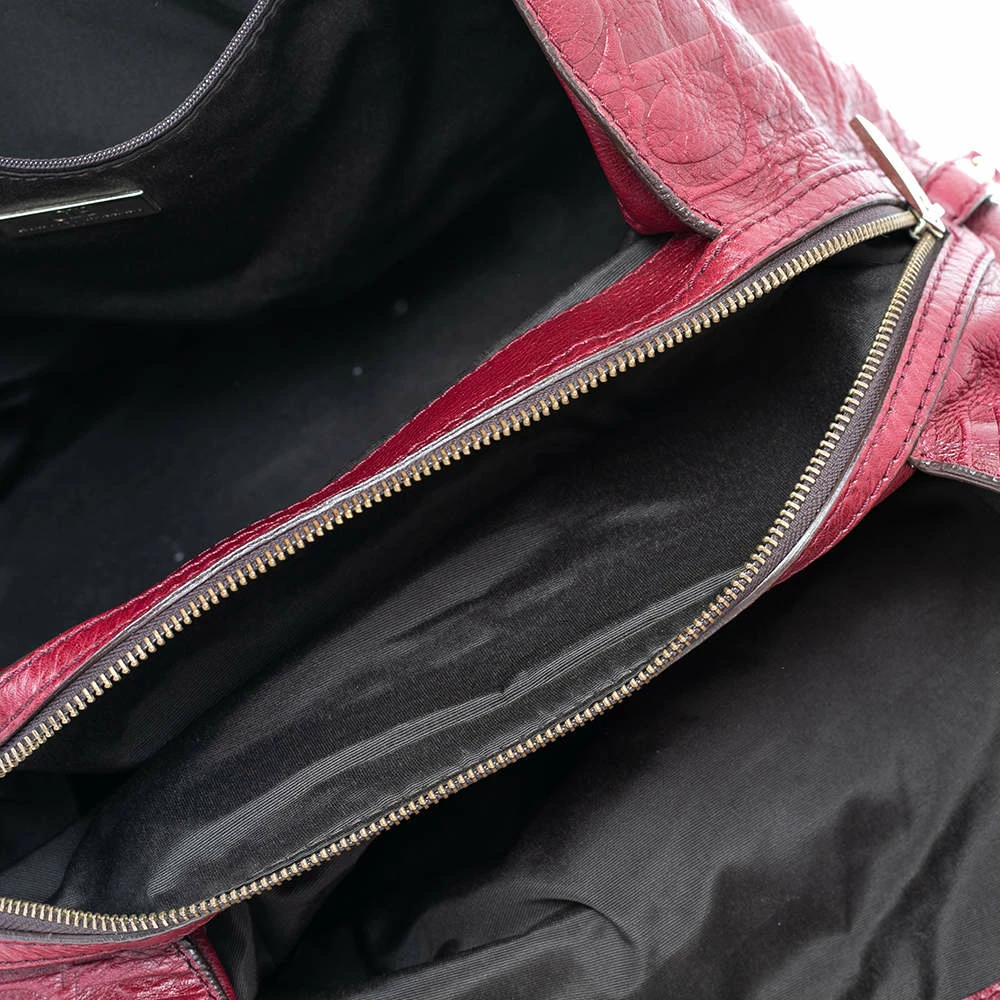 Carolina Herrera Burgundy Monogram Embossed Leather Middle Zip Satchel Women