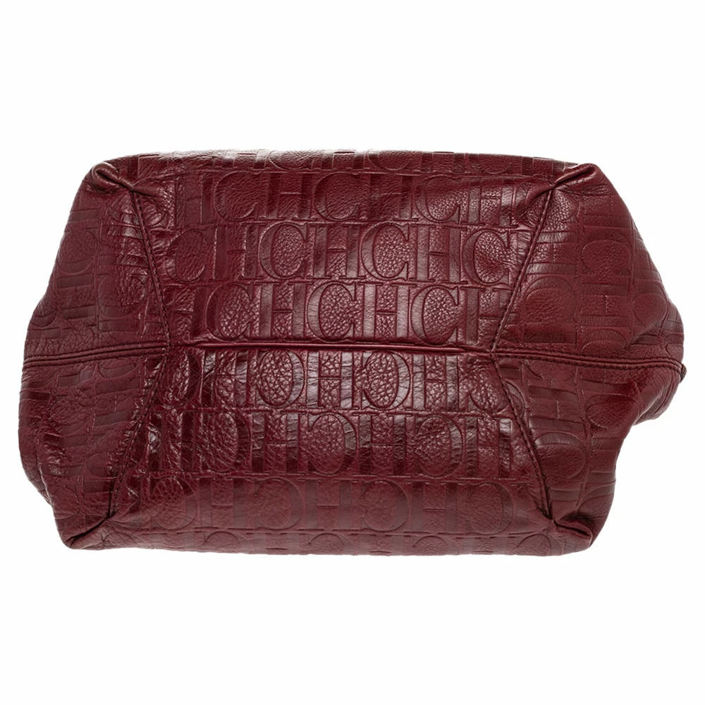 Carolina Herrera Burgundy Monogram Embossed Leather Middle Zip Satchel Women