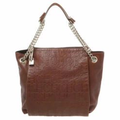 Carolina Herrera Brown Monogram Leather Chain Tote Women