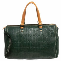 Carolina Herrera Green Monogram Leather Large Andy Boston Bag Women