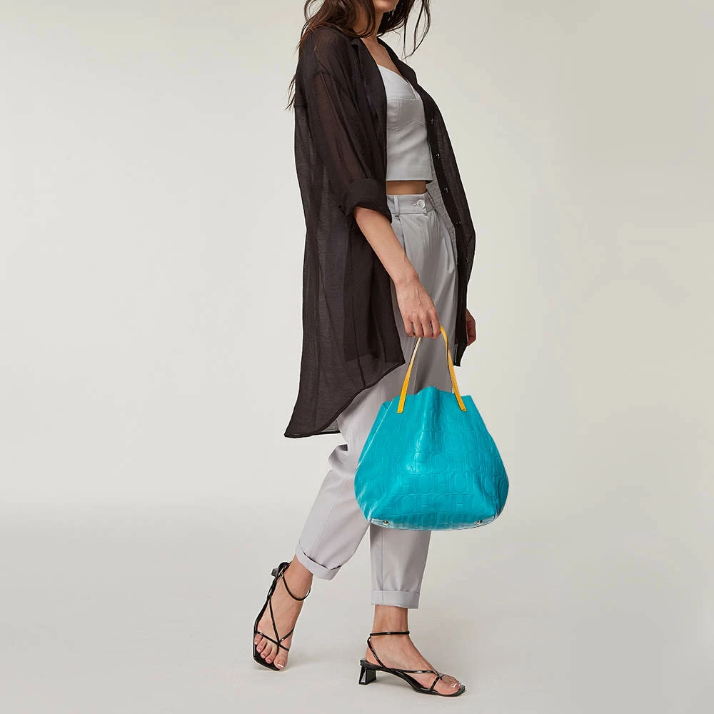 Carolina Herrera Blue Monogram Leather Matryoshka Tote Women