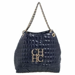 Carolina Herrera Purple Croc Embossed Patent Leather Logo Chain Shoulder Bag Women