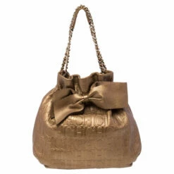 Carolina Herrera Golden Brown Embossed Leather Bow Bucket Shoulder Bag Women