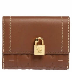 Carolina Herrera Tan Monogram Leather Matryoshka Lock Compact Wallet Women - Brown