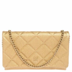 Carolina Herrera Gold Quilted Embossed Leather Flap Chain Clutch Women