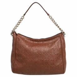 Carolina Herrera Brown Monogram Embossed Leather Chain Hobo Women