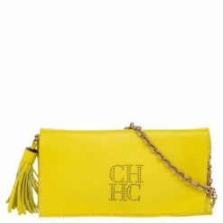 Carolina Herrera Yellow Perforated Logo Leather Flap Tassel Chain Shoulder Bag Women