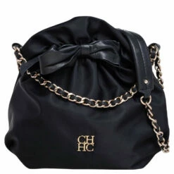 Carolina Herrera Black Nylon And Leather Bow Drawstring Hobo Women