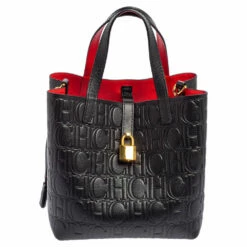 Carolina Herrera Black Monogram Embossed Leather Small Matryoshka Locked Tote Women