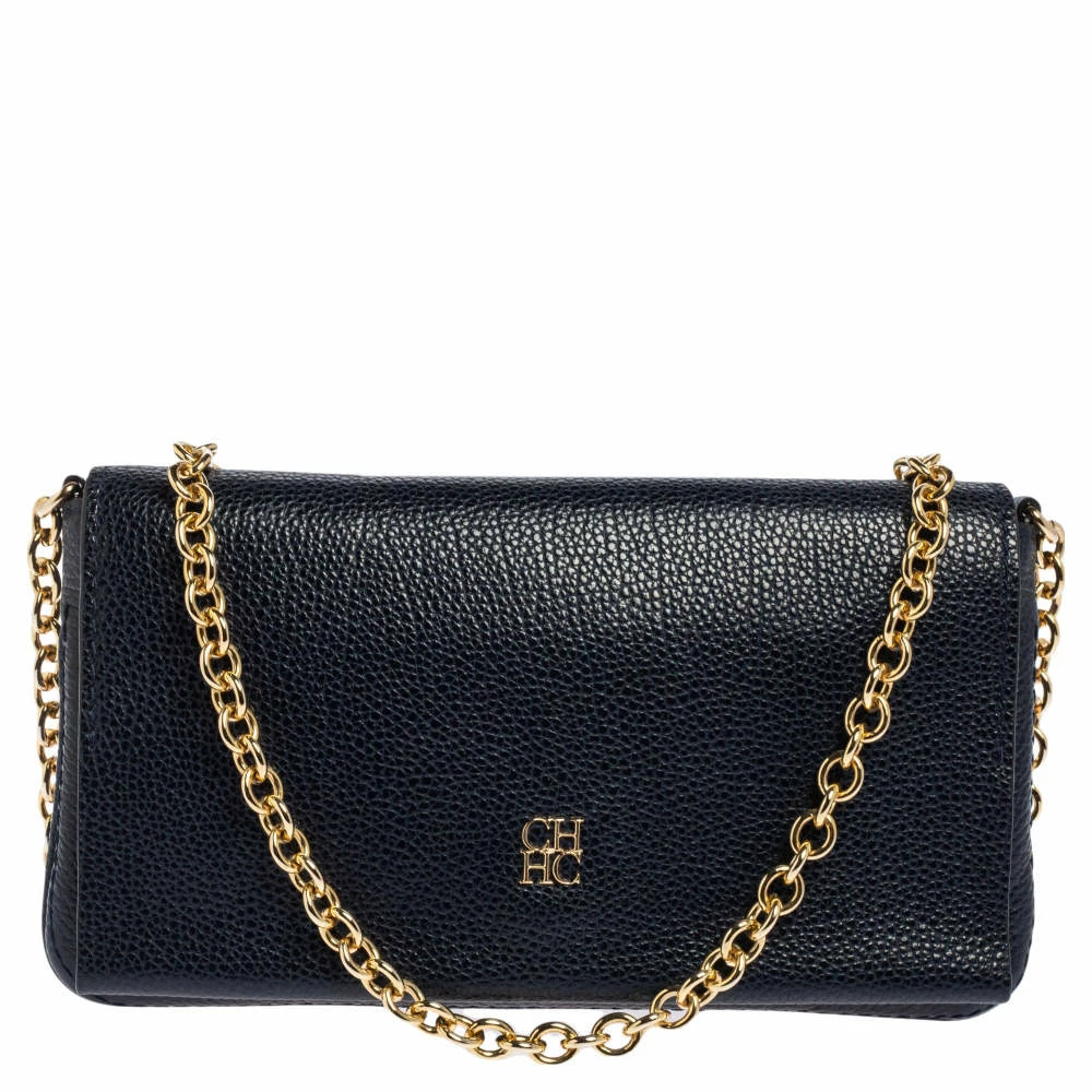 Carolina Herrera Navy Blue Leather Chain Clutch Women