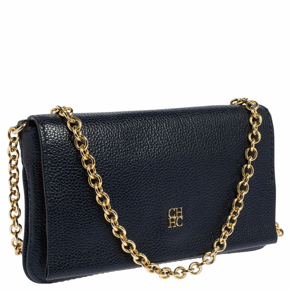Carolina Herrera Navy Blue Leather Chain Clutch Women