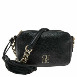 Carolina Herrera Black Pebbled Leather Camera Tassel Shoulder Bag Women