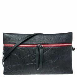 Carolina Herrera Black Monogram Embossed Leather Front Zip Crossbody Bag Women