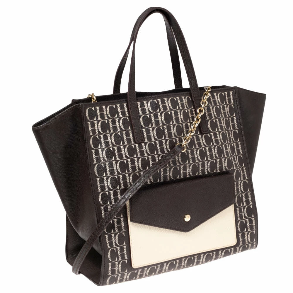 Carolina Herrera Brown Signature Coated Canvas Front Pocket Tote Women