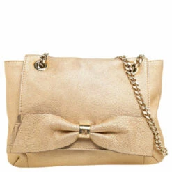 Carolina Herrera Metallic Gold Leather Bow Flap Shoulder Bag Women