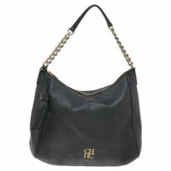 Carolina Herrera Black Pebbled Leather Chain Shoulder Bag Women