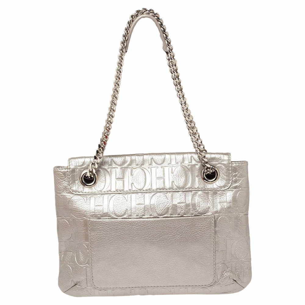 Carolina Herrera Metallic Silver Monogram Leather Audrey Shoulder Bag Women