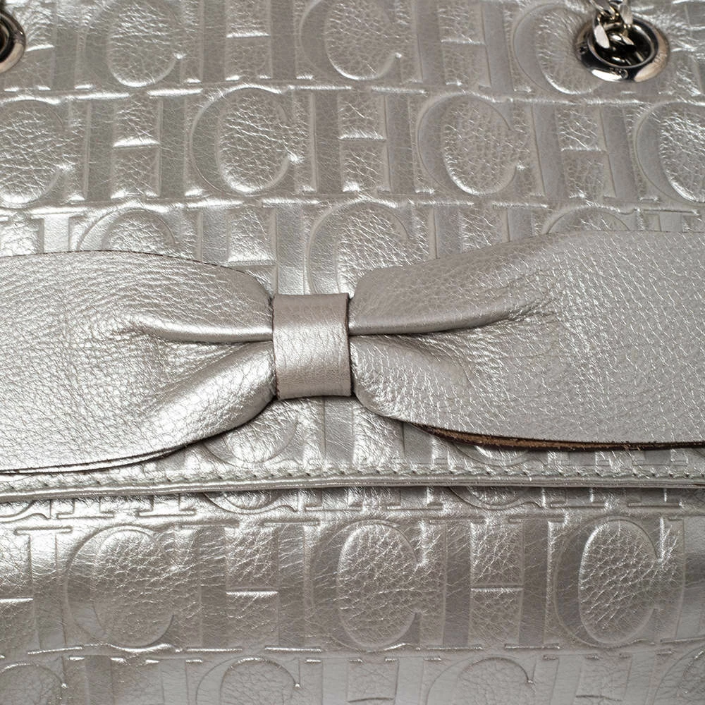 Carolina Herrera Metallic Silver Monogram Leather Audrey Shoulder Bag Women
