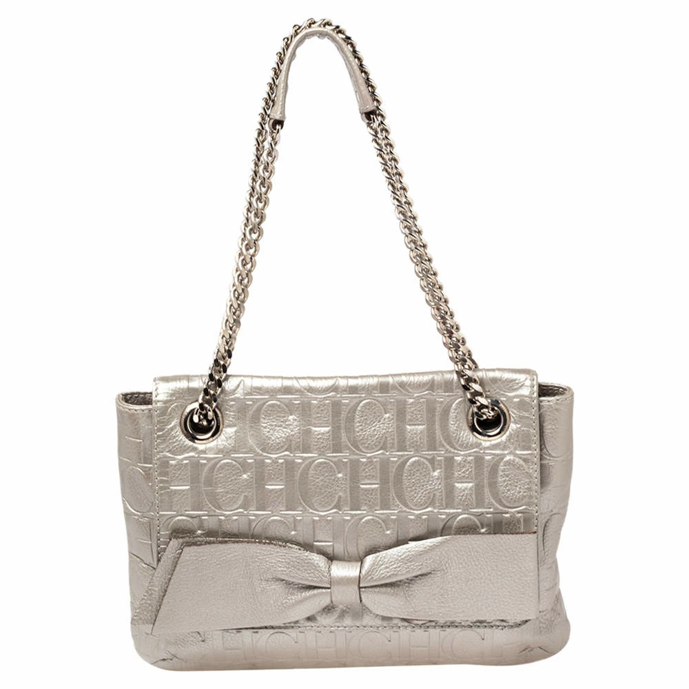 Carolina Herrera Metallic Silver Monogram Leather Audrey Shoulder Bag Women