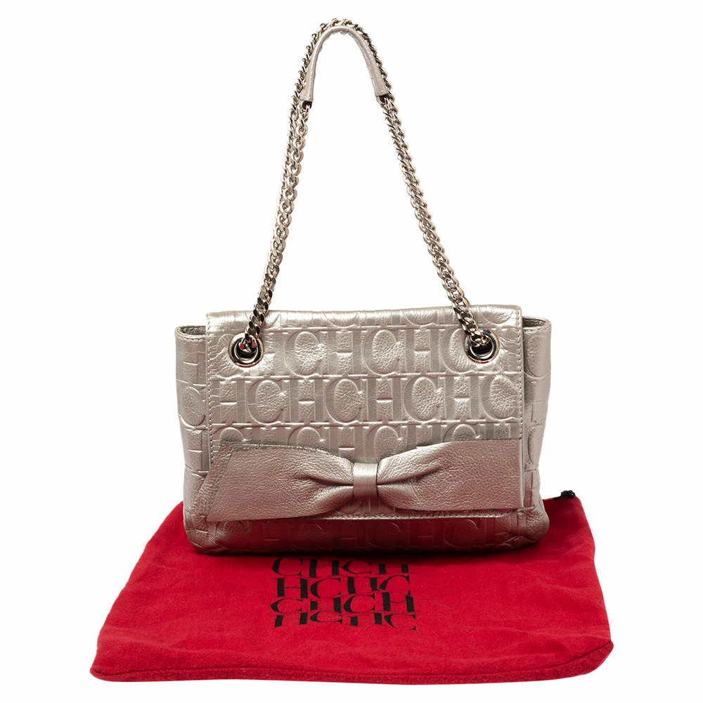Carolina Herrera Metallic Silver Monogram Leather Audrey Shoulder Bag Women