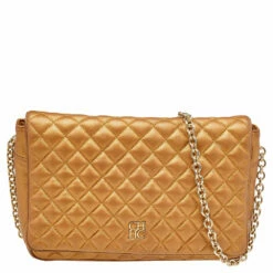 Carolina Herrera Gold Quilted Leather Flap Chain Shoulder Bag Women