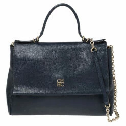 Carolina Herrera Navy Blue Leather Minueto Flap Bag Women