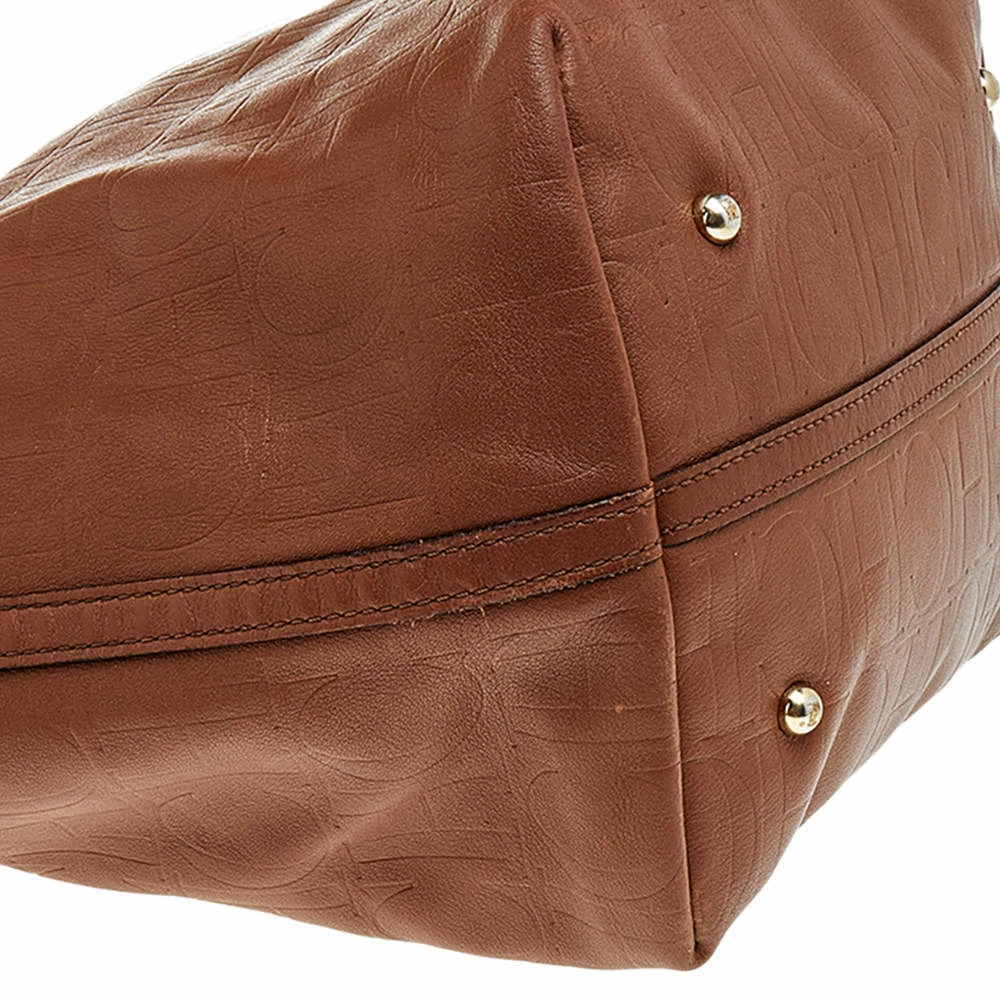 Carolina Herrera Brown Monogram Embossed Leather Tote Women