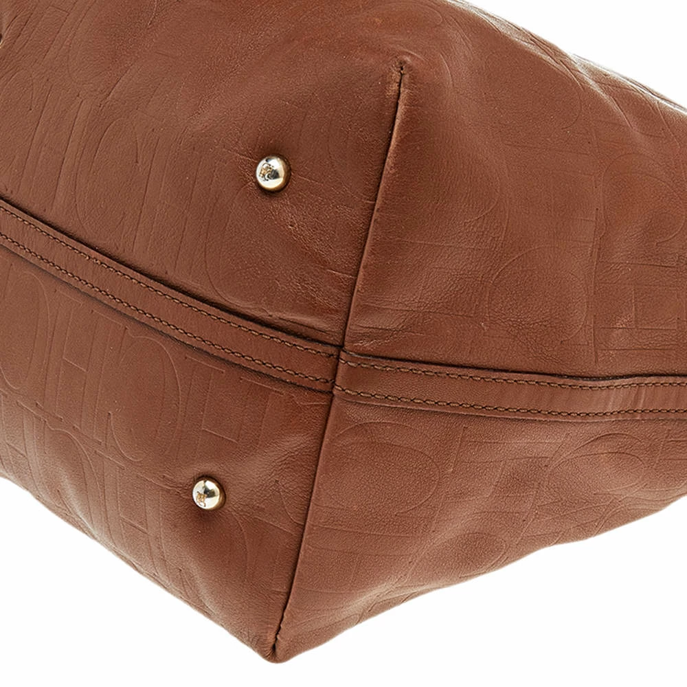 Carolina Herrera Brown Monogram Embossed Leather Tote Women
