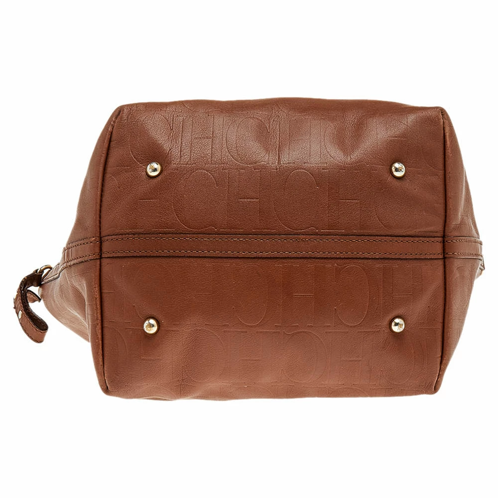 Carolina Herrera Brown Monogram Embossed Leather Tote Women