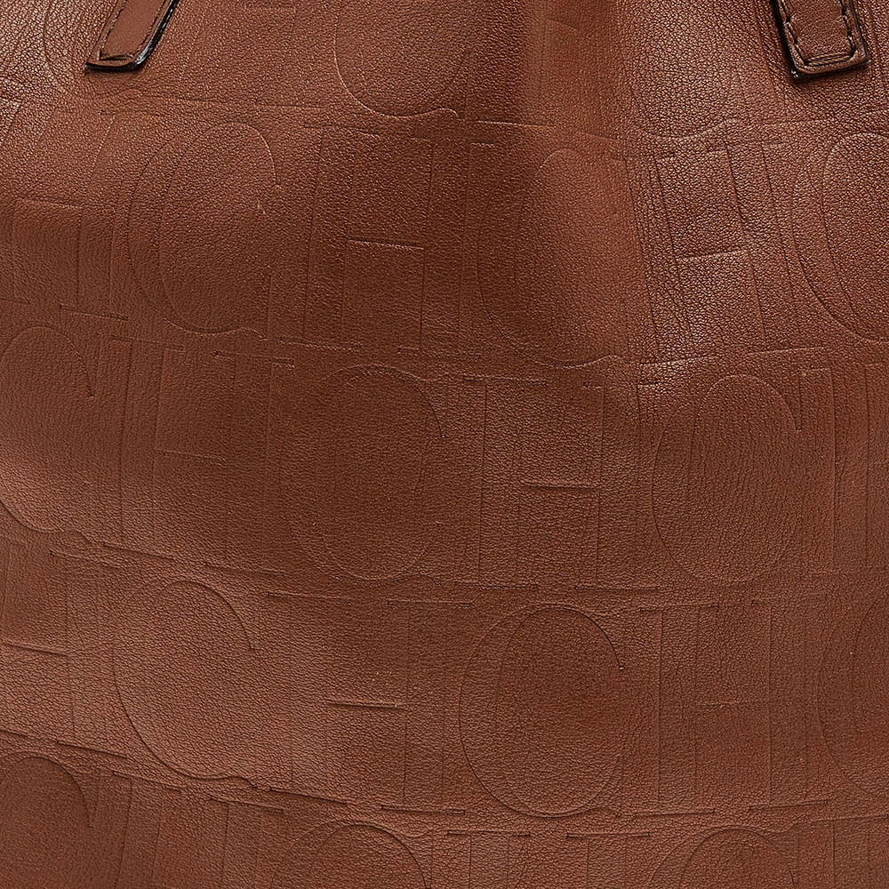 Carolina Herrera Brown Monogram Embossed Leather Tote Women