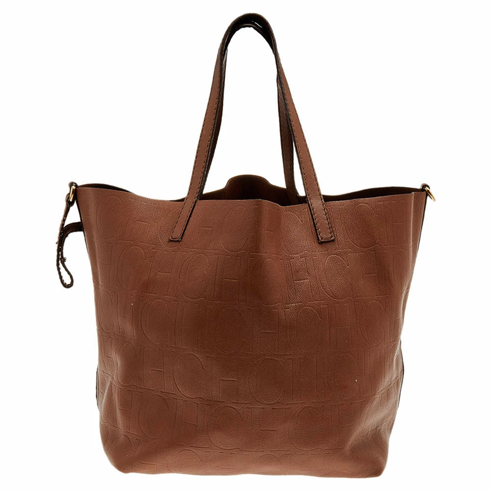 Carolina Herrera Brown Monogram Embossed Leather Tote Women
