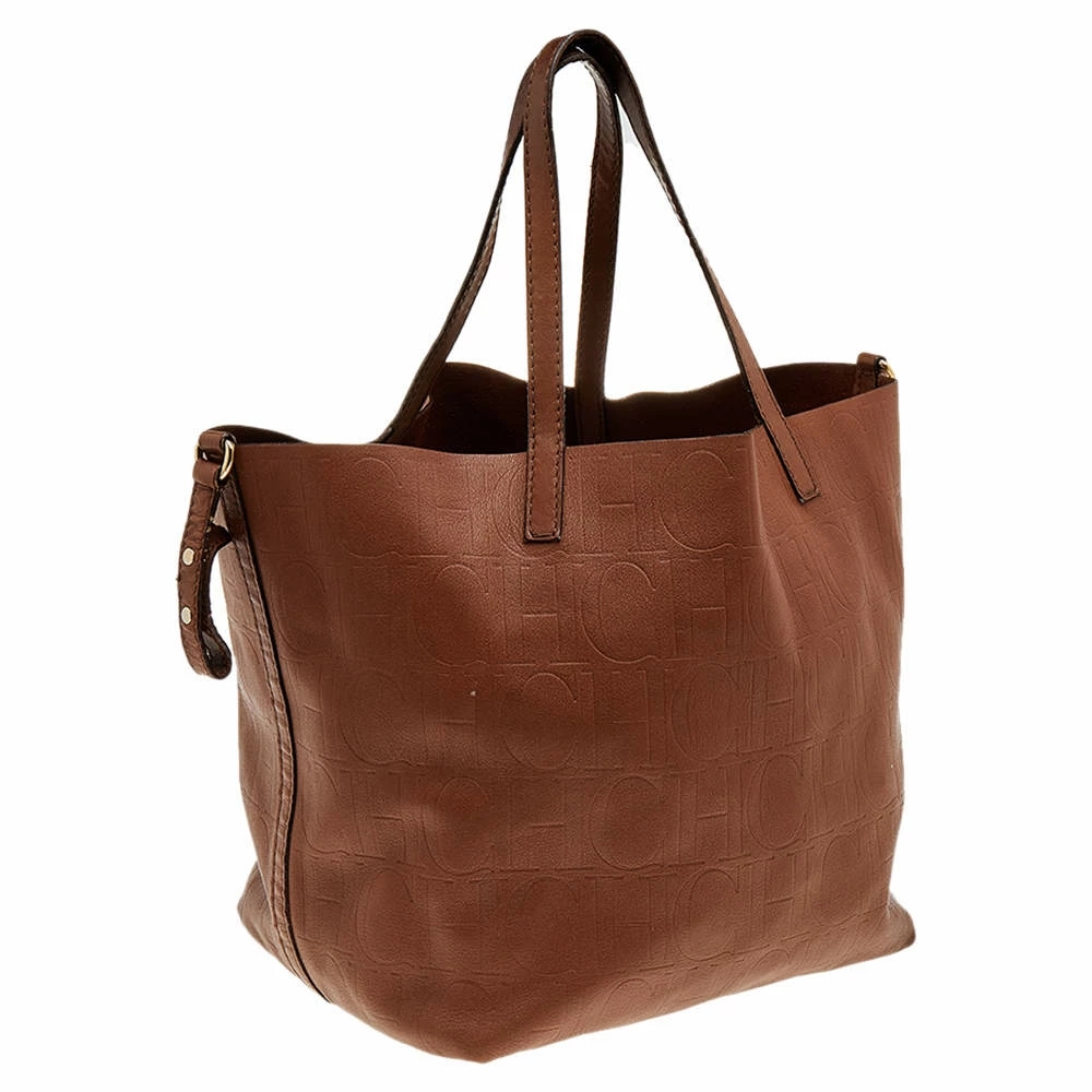 Carolina Herrera Brown Monogram Embossed Leather Tote Women