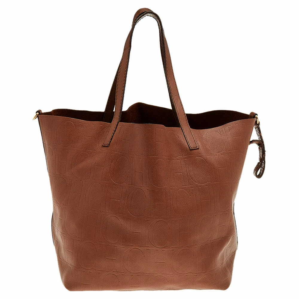 Carolina Herrera Brown Monogram Embossed Leather Tote Women