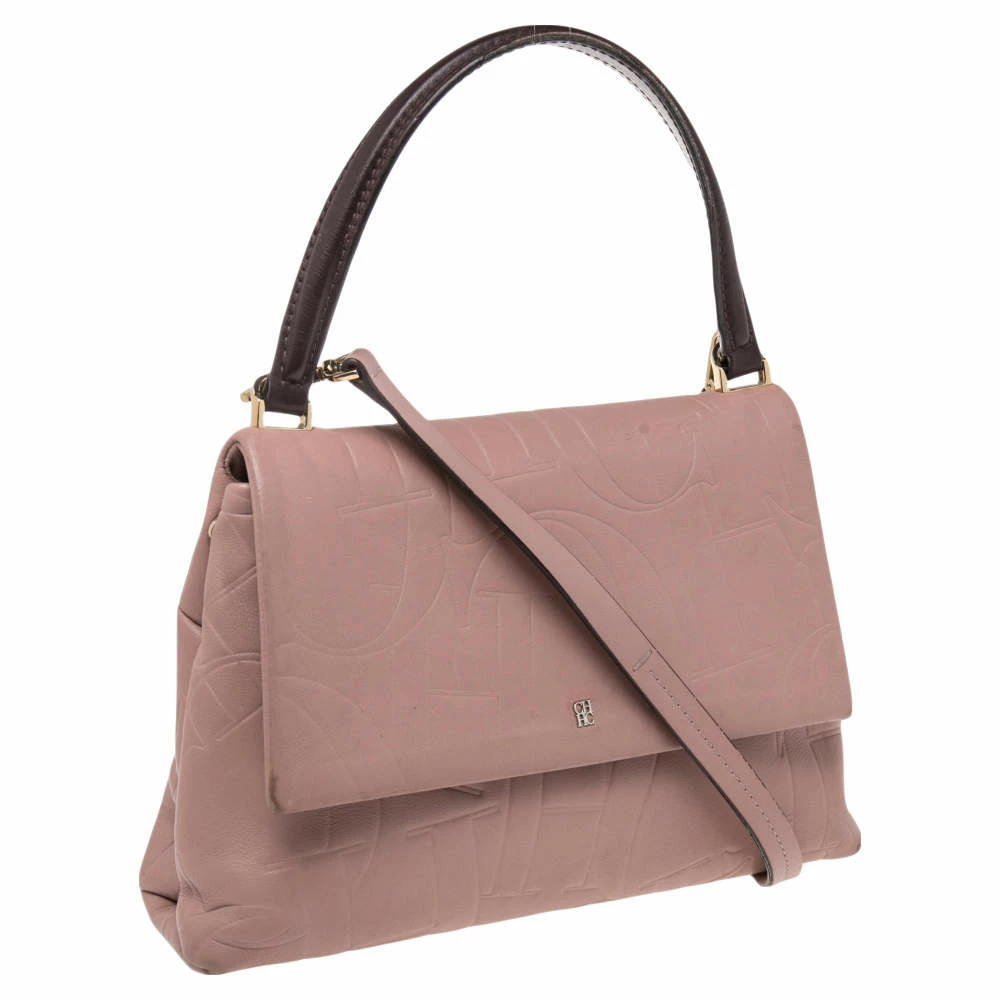 Carolina Herrera Pink Monogram Embossed Leather Top Handle Bag Women