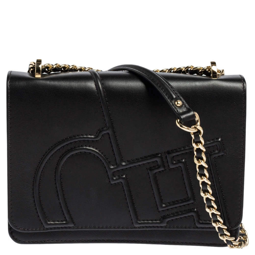 Carolina Herrera Black Leather Flap Shoulder Bag Women