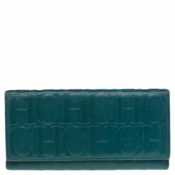 Carolina Herrera Green Monogram Embossed Leather Flap Continental Wallet Women