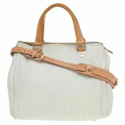 Carolina Herrera White/Brown Leather Monogram Embossed Andy Satchel Women