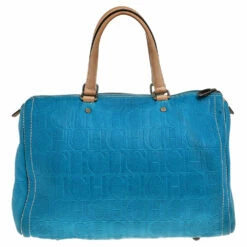 Carolina Herrera Bright Blue Monogram Embossed Leather Andy Boston Bag Women