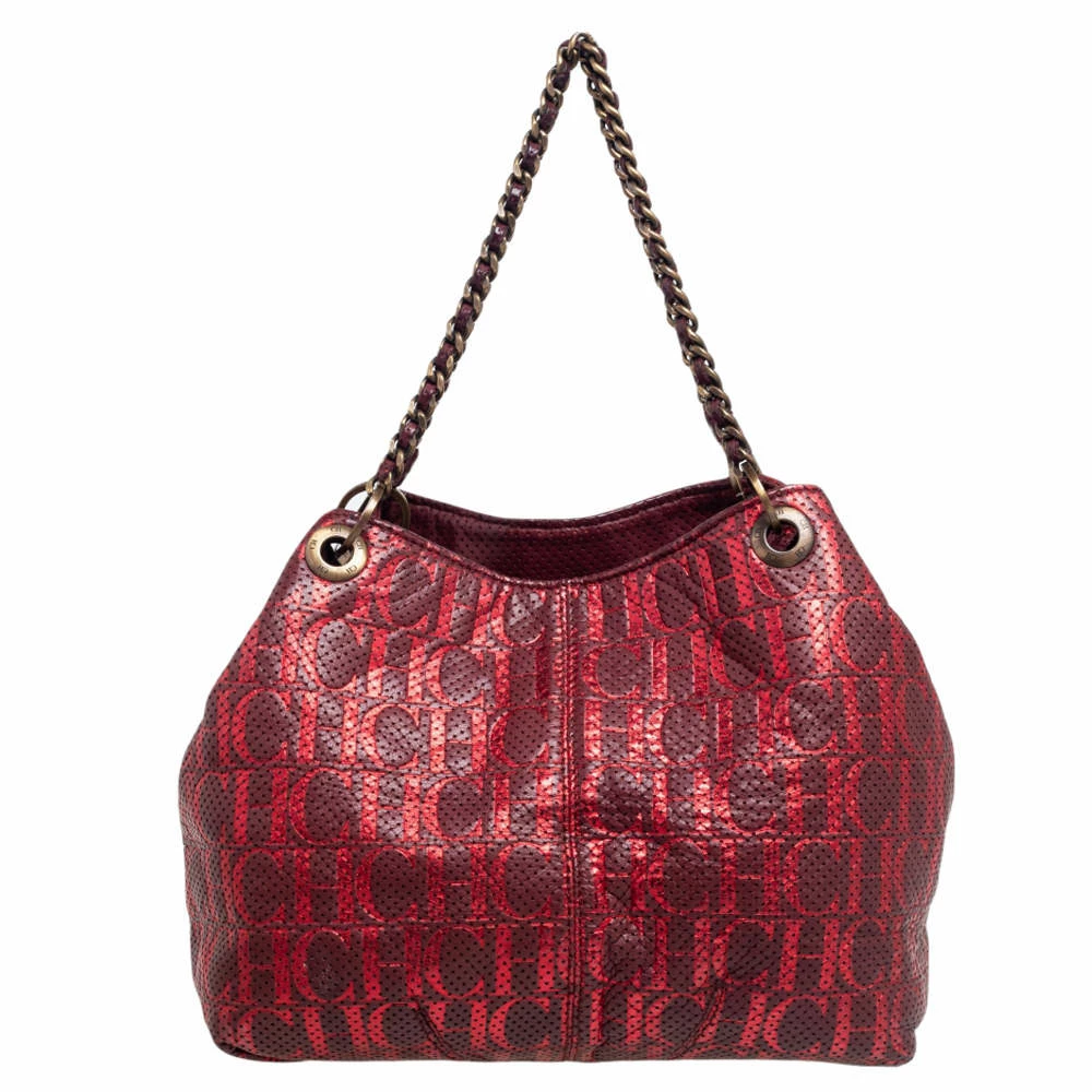 Carolina Herrera Red/Burgundy Monogram Leather Chain Tote Women