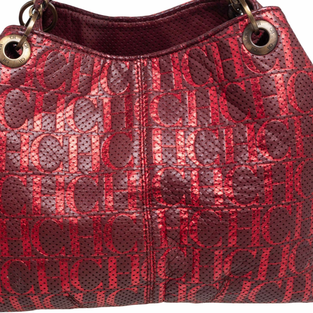 Carolina Herrera Red/Burgundy Monogram Leather Chain Tote Women