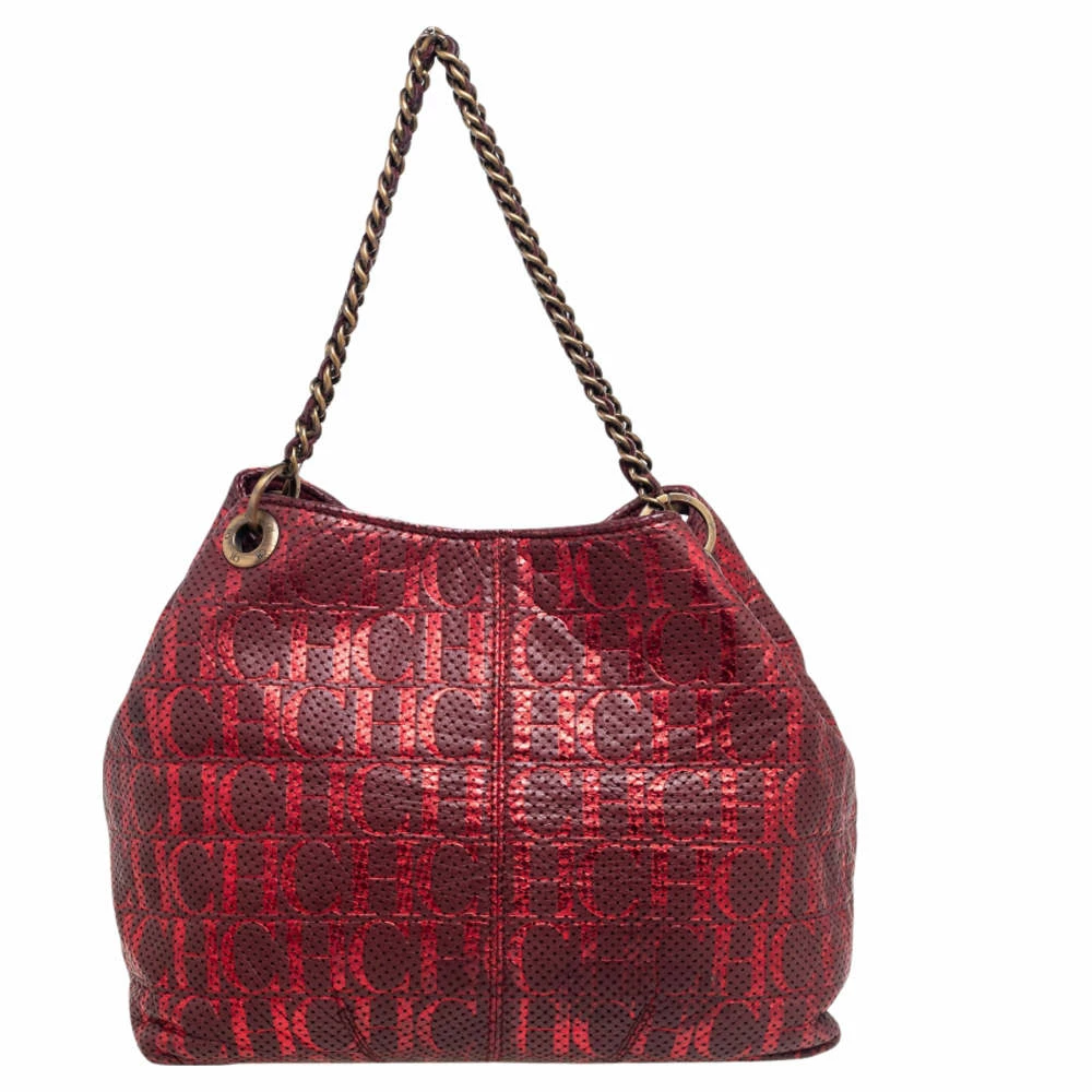 Carolina Herrera Red/Burgundy Monogram Leather Chain Tote Women